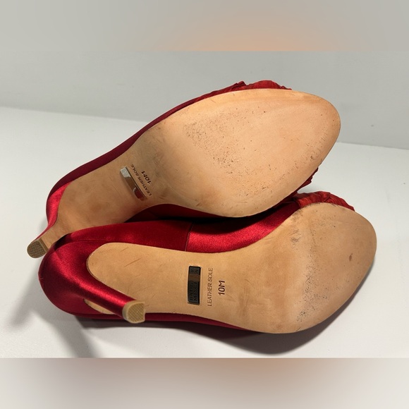 Badgley Mischka Red Satin Crystal Bow Peep Toe Stiletto Heels Size 10 - Picture 10 of 15